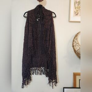 CURIO Black Mixed Yarn Boho Fringe Knit Open Front Sweater Vest-Size L